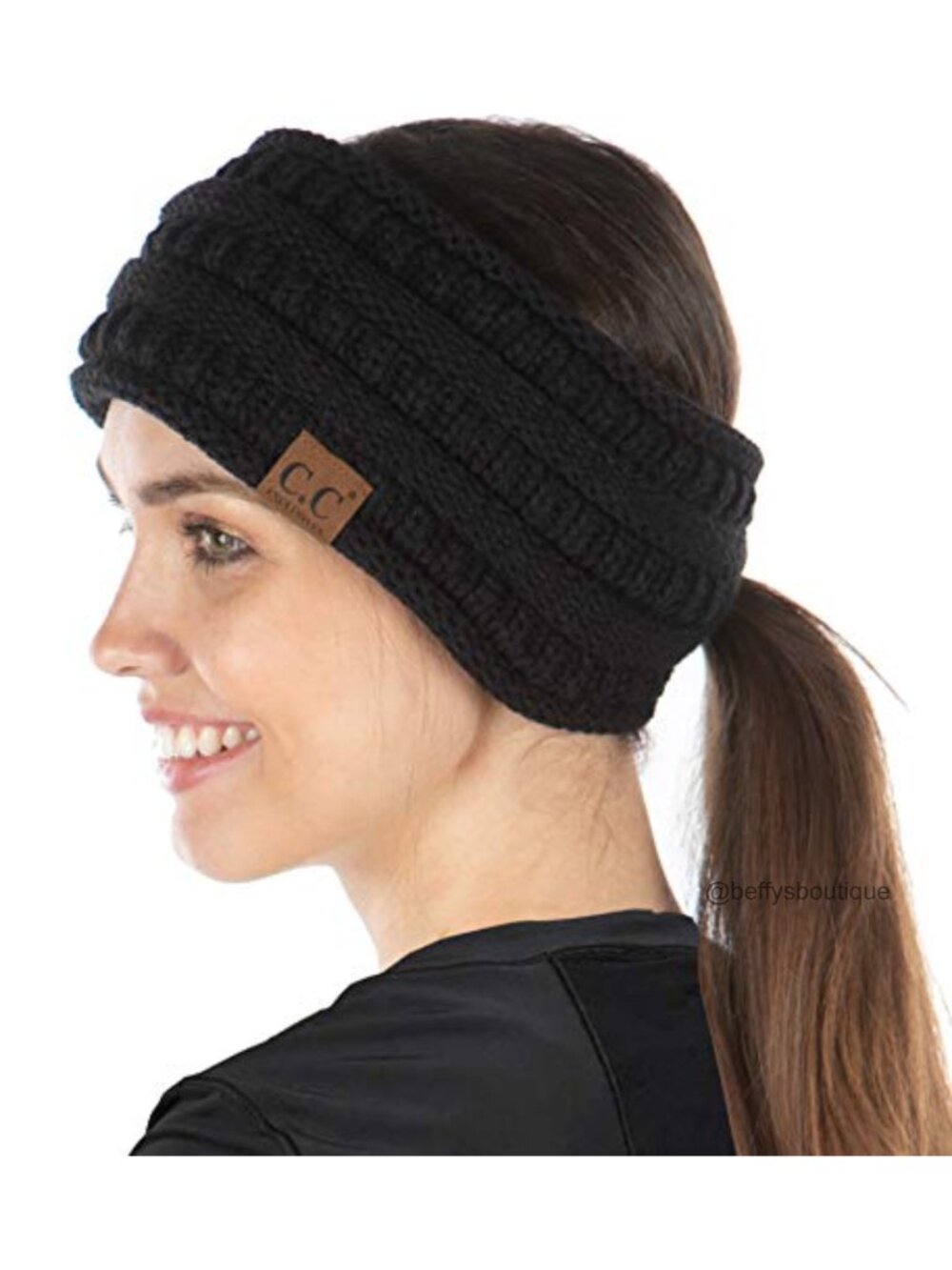 Cable Knit Ponytail Headband Fleece Lined Winter Ear Warmer Acrylic